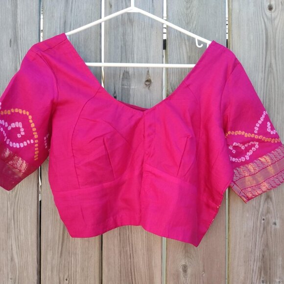 Pink Sari Skirt Choli Blouse Set Batik Yellow Gold 40"B 34"W Lehanga - Picture 2 of 10